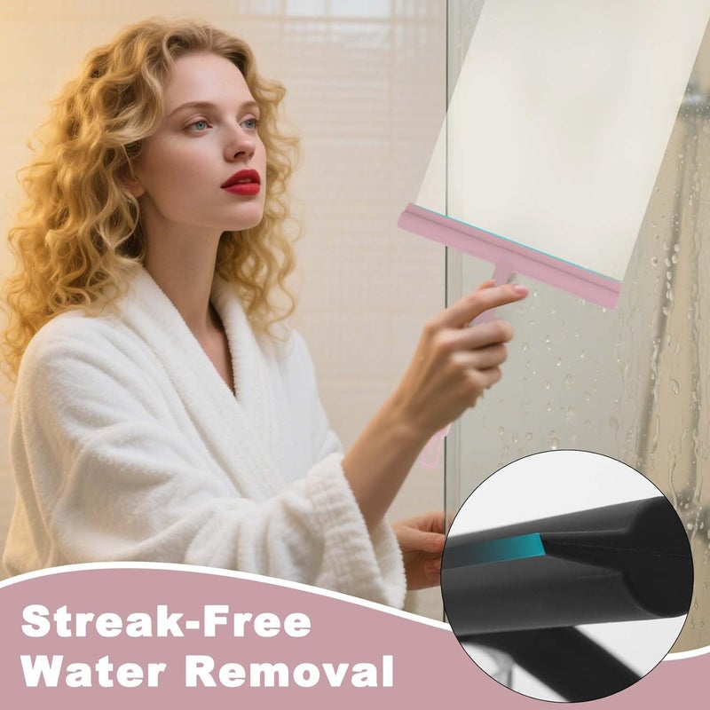 DEOFUXT Squeegee for Shower Glass Doors, Resilient Loop - No-Drill & Adhesive Hook, Silicone Shower Squeegee with Stainless Steel Core, Cleaning Tool for Home, Kitchen, Bathroom & Car - Pink - Image 3
